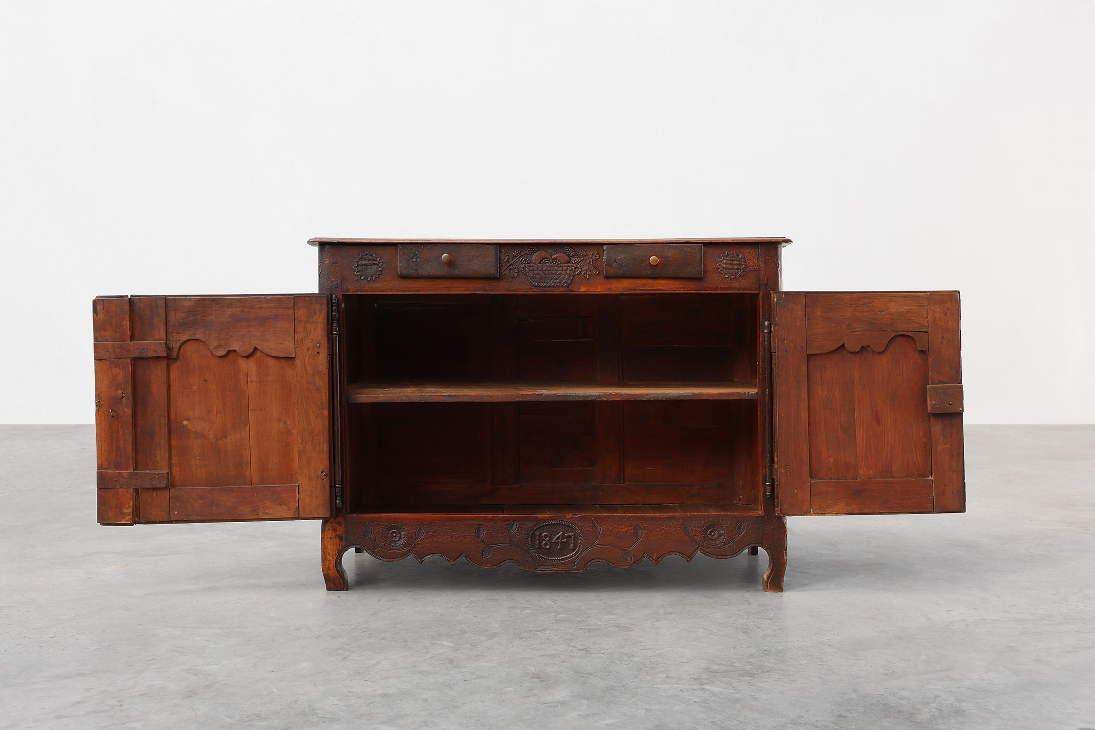 Rare French provincial carved cabinet or buffet with great patina, dated 1841thumbnail